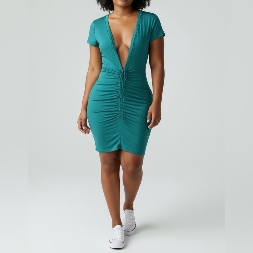 Teal Deep V Ruched Bodycon Mini Dress